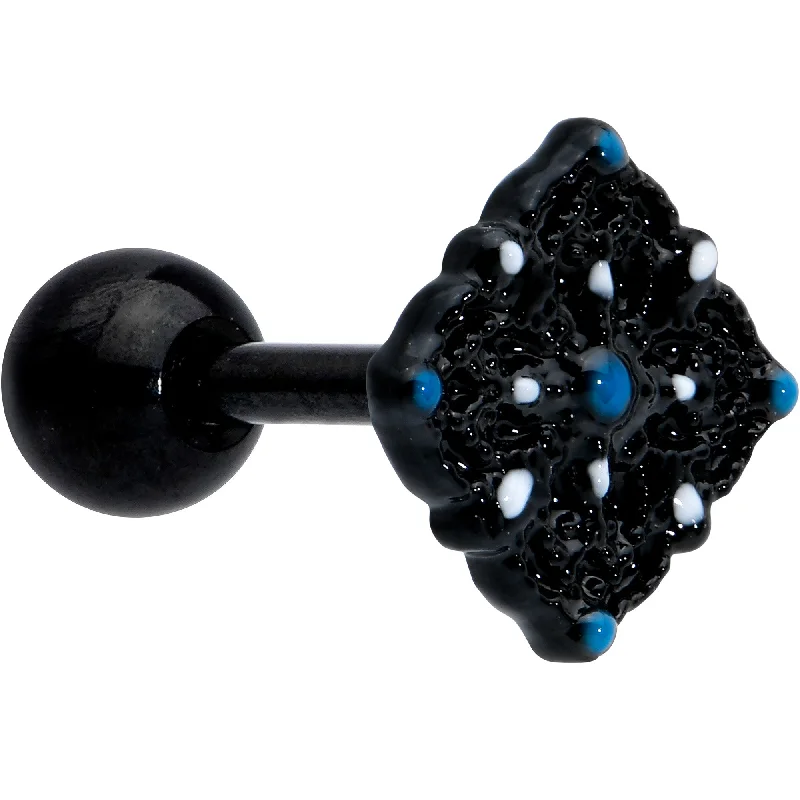 Women's Earrings – Elegant Designs for Every Personality--16 Gauge 1/4 Blue Gem Black Lacy Rhombus Cartilage Tragus Earring