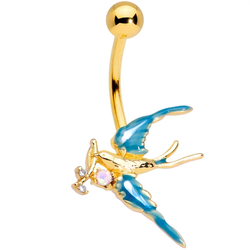 Stylish Belly Rings with Beautiful Details -Clear CZ Gem Gold Tone Swallow Bird Belly Ring Stylish Belly Rings with Beautiful Details -Clear CZ Gem Gold Tone Swallow Bird Belly Ring