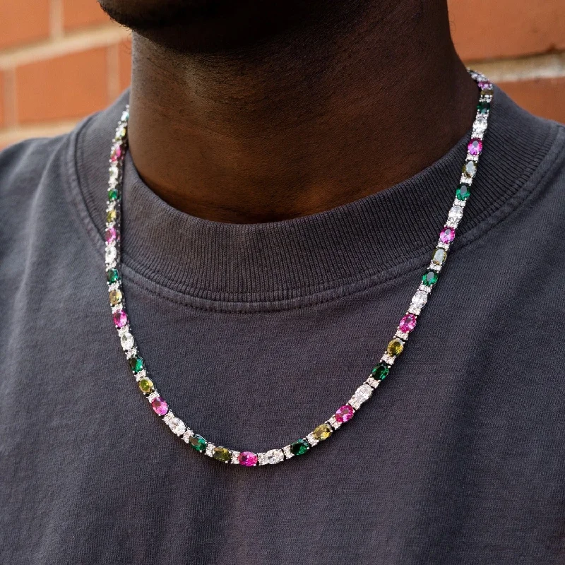 Men's Engraved Gold Bracelets-Multicolor Mixed Oval Cut Tennis Chain- 5mm