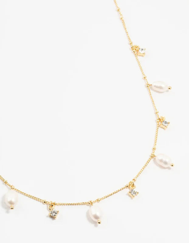 Shop Classic Women's  Necklaces & Pendants with a Modern Twist-Gold Plated Alternating Pearl & Cubic Zirconia Station Necklace