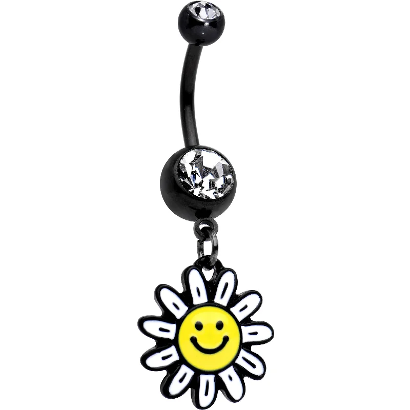 Belly Rings with Stone Accents for Elegant Style -Clear Gem Black Anodized Smiley Flower Dangle Belly Ring Belly Rings with Stone Accents for Elegant Style -Clear Gem Black Anodized Smiley Flower Dangle Belly Ring