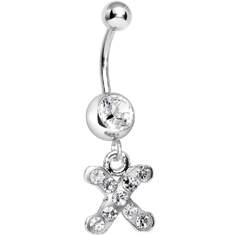 Designer Belly Rings with Custom Features -Clear Gem Letter X Initial Dangle Belly Ring Designer Belly Rings with Custom Features -Clear Gem Letter X Initial Dangle Belly Ring