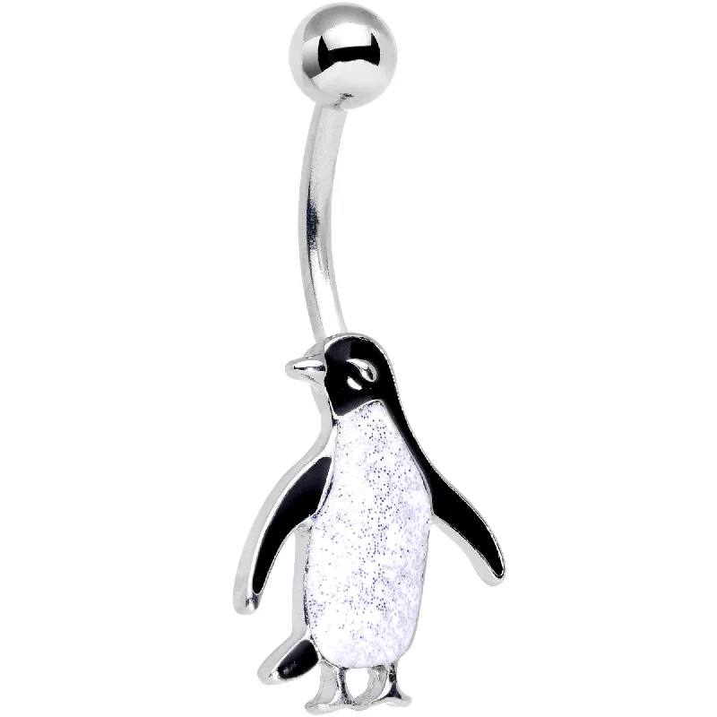 Stunning Belly Rings with Unique Accents -White Glitter Arctic Penguin Belly Ring