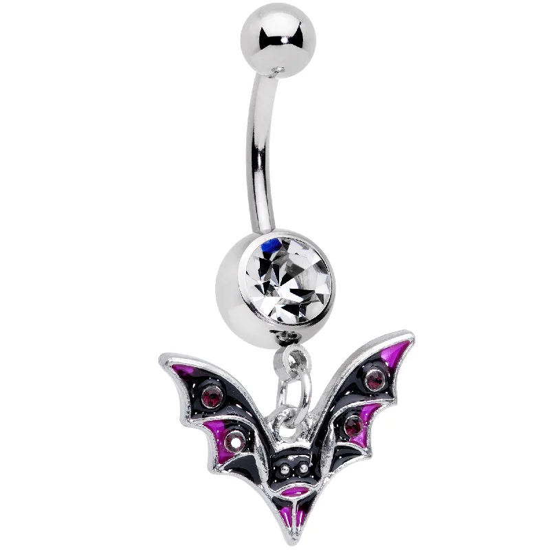 Belly Rings for Trendy Women -Clear Purple Gem Black Purple Bat Halloween Dangle Belly Ring Belly Rings for Trendy Women -Clear Purple Gem Black Purple Bat Halloween Dangle Belly Ring