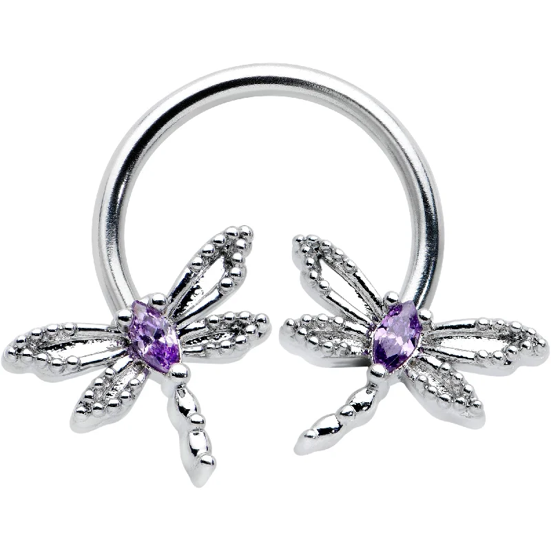 Women's Earrings – Elegant Designs for Every Personality--16 Gauge 3/8 Purple CZ Gem Open Dragonfly Horseshoe Circular Barbell