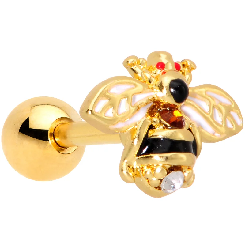 Women's Earrings – Elegant Designs for Every Personality--16 Gauge 1/4 Clear Black Gem Gold Tone Honey Bee Cartilage Tragus