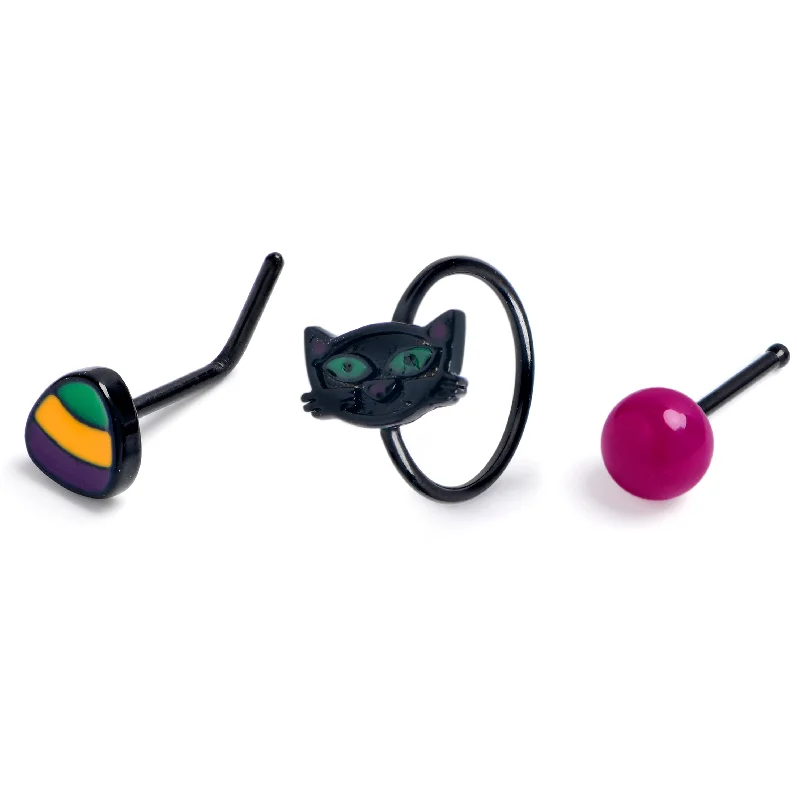 Nose Rings for Men -20 Gauge Black Cat Halloween Nose Hoop Bone Set of3
