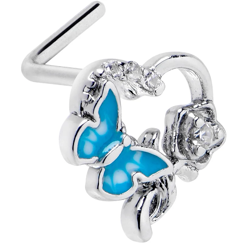 Nose Rings for Casual Wear -20 Gauge 7mm Clear CZ Gem Butterfly Rose Flower Blue L Shape Nose Ring Nose Rings for Casual Wear -20 Gauge 7mm Clear CZ Gem Butterfly Rose Flower Blue L Shape Nose Ring