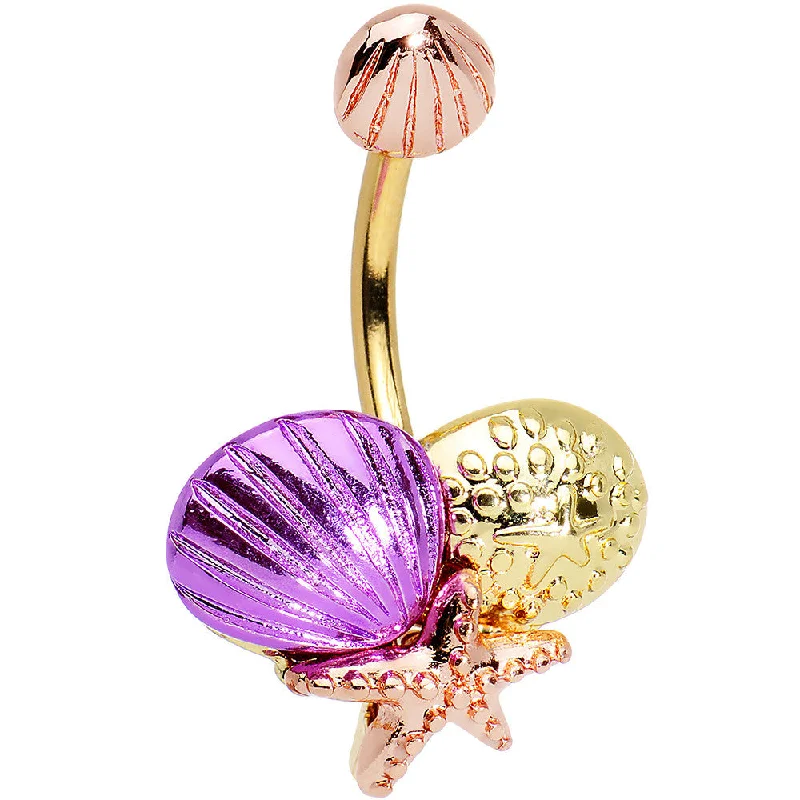 Beautiful Belly Rings with Polished Shine -Gold PVD Multicolor Starfish Sea Shell Double Mount Belly Ring Beautiful Belly Rings with Polished Shine -Gold PVD Multicolor Starfish Sea Shell Double Mount Belly Ring
