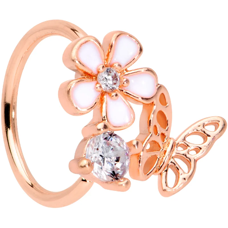 Comfortable Silver Nose Rings -20 Gauge 5/16 Clear CZ Gem Rose Gold Tone Butterfly Flower Nose Hoop Comfortable Silver Nose Rings -20 Gauge 5/16 Clear CZ Gem Rose Gold Tone Butterfly Flower Nose Hoop