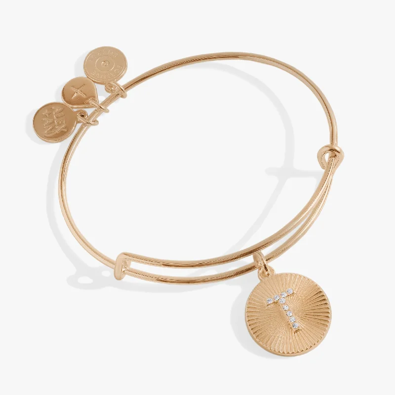 Luxury Gemstone Bangles for Women-Initial T Pave Starburst Texture Bangle