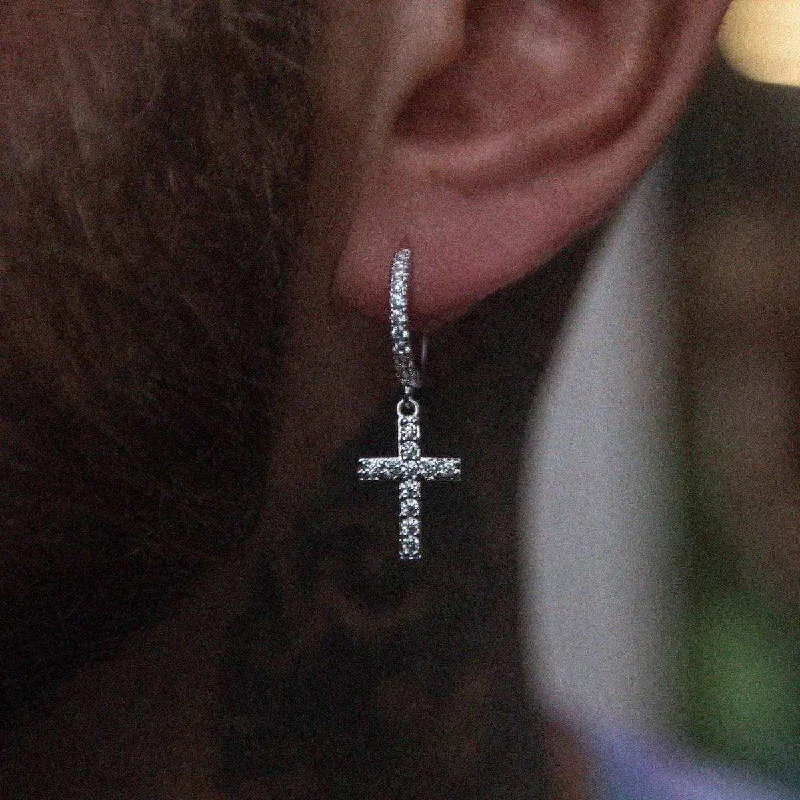 Shop Durable Men's Earrings for Everyday Wear-Diamond Cross Hoop Earrings in White Gold Shop Durable Men's Earrings for Everyday Wear-Diamond Cross Hoop Earrings in White Gold