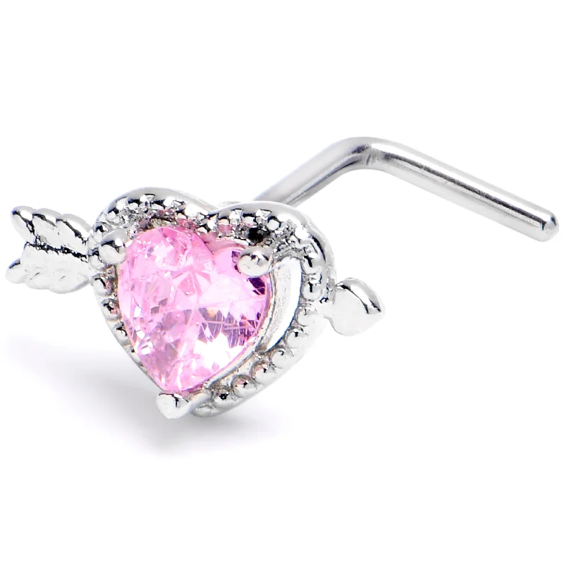 Nose Rings for All Ages -20 Gauge 1/4 Pink CZ Gem Fusion Of Love Arrow Heart L Shape Nose Ring Nose Rings for All Ages -20 Gauge 1/4 Pink CZ Gem Fusion Of Love Arrow Heart L Shape Nose Ring