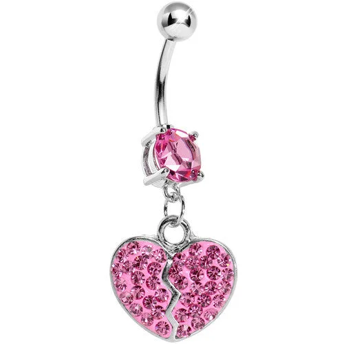 Designer Belly Rings for Unique Style -Pink Gem Broken Heart Dangle Belly Ring