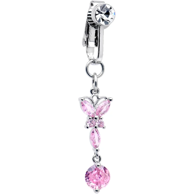 Comfortable Belly Rings with Stylish Detailing -Pink CZ Gem Butterfly Baroque Drop Dangle Clip on Fake Belly Ring Comfortable Belly Rings with Stylish Detailing -Pink CZ Gem Butterfly Baroque Drop Dangle Clip on Fake Belly Ring