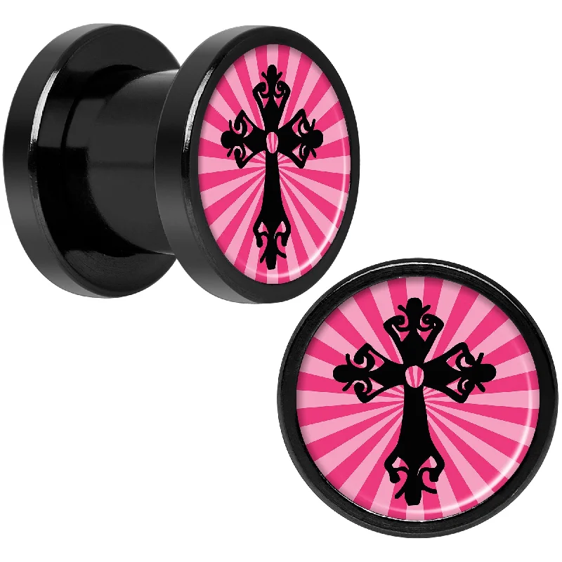 Women's Earrings – Elegant Designs for Every Personality--Pink Black Radiant Cross Black Anodized Screw Fit Plug Set 0 Gauge Women's Earrings – Elegant Designs for Every Personality--Pink Black Radiant Cross Black Anodized Screw Fit Plug Set 0 Gauge