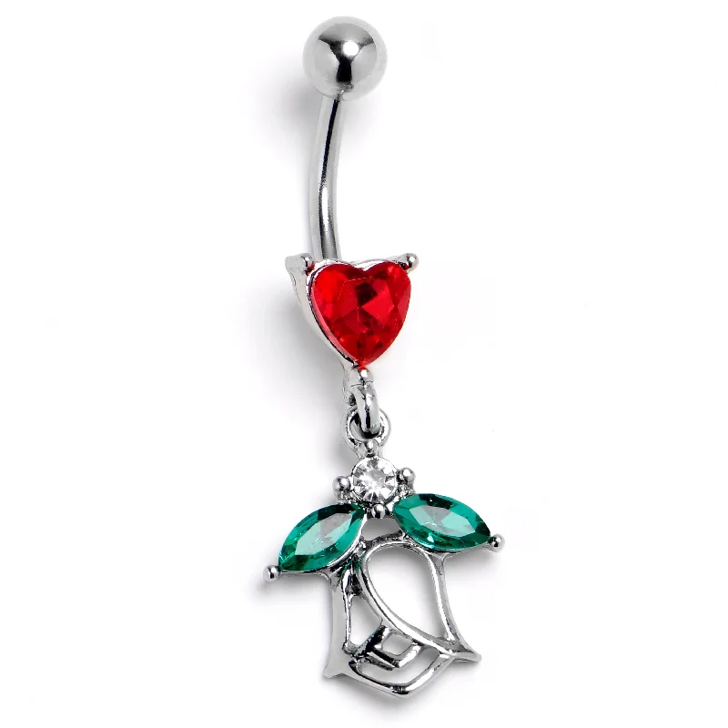 Trendy Belly Rings with Shiny Touch -Red Gem Heart And Rose Dangle Belly Ring