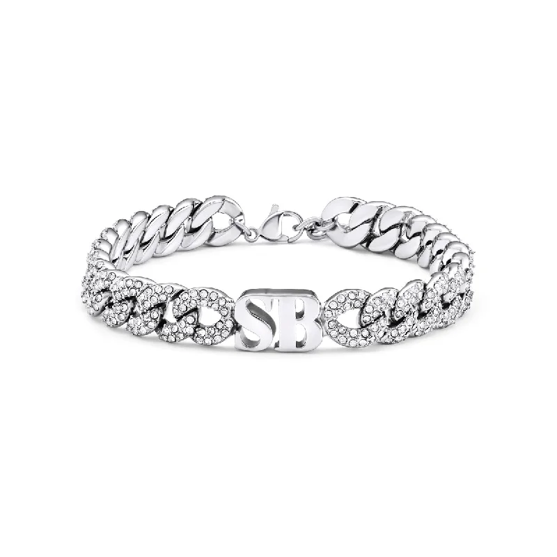 Designer Wedding Bangles for Women-Pavé Initial Curb Bracelet (Silver)