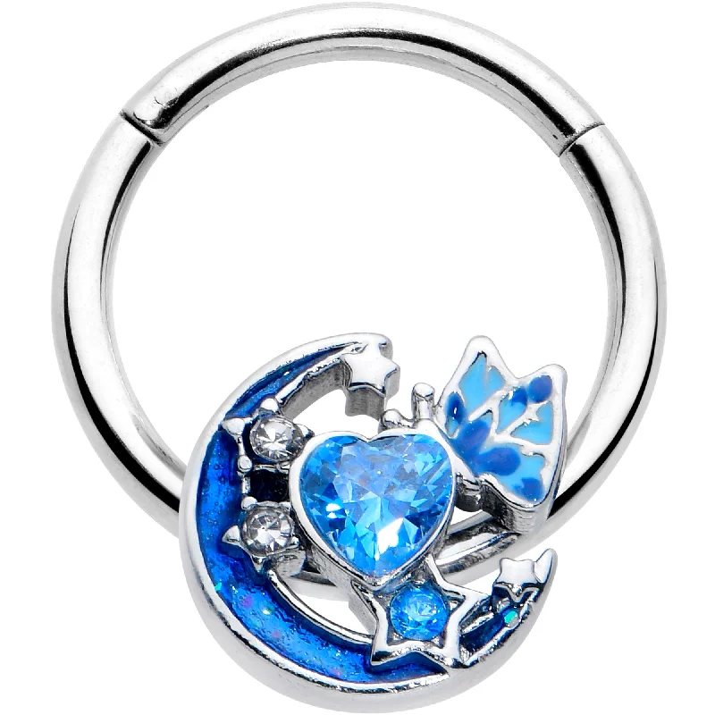 Small Nose Rings -16 Gauge 3/8 Blue CZ Gem Butterfly Love Heart Hinged Segment Ring