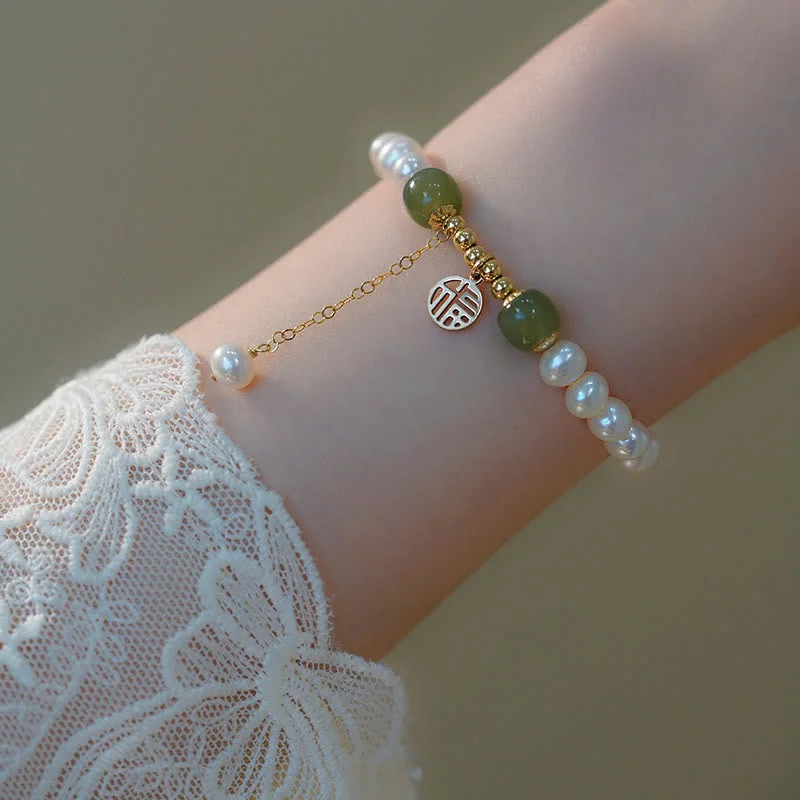 Custom Wedding Bangles for Women-Buddha Stones Natural Pearl Hetian Jade Happiness Wisdom Bead Bracelet
