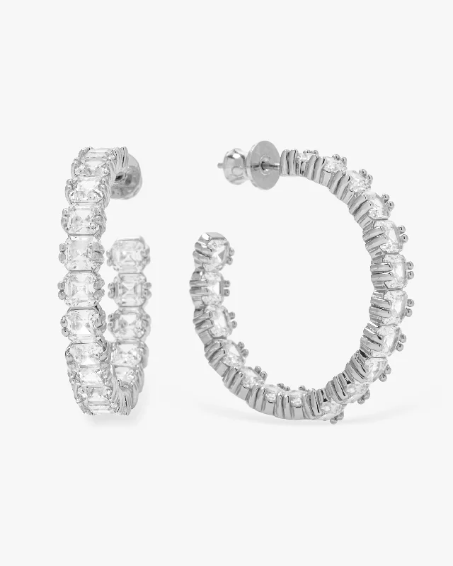Women's Earrings – Elegant Designs for Every Personality--The Queen's Hoops 1.25" - Silver|White Diamondettes