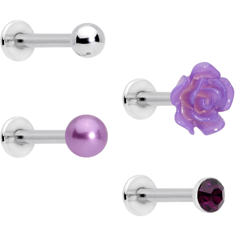 Women's Earrings – Elegant Designs for Every Personality--16 Gauge 1/4 Purple Gem Rose Flower Labret Monroe Tragus Set of 4 Women's Earrings – Elegant Designs for Every Personality--16 Gauge 1/4 Purple Gem Rose Flower Labret Monroe Tragus Set of 4