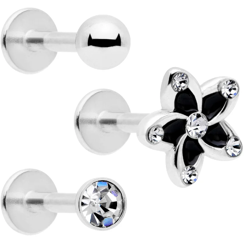 Luxury Lip Rings with Precious Stones16 Gauge 5/16 Clear Gem Black Flower Labret Set of 3 Luxury Lip Rings with Precious Stones16 Gauge 5/16 Clear Gem Black Flower Labret Set of 3