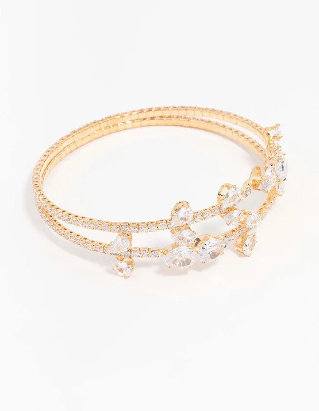 Handmade Bangles for Women-Cubic Zirconia Gold Leaf Bangle Bracelet