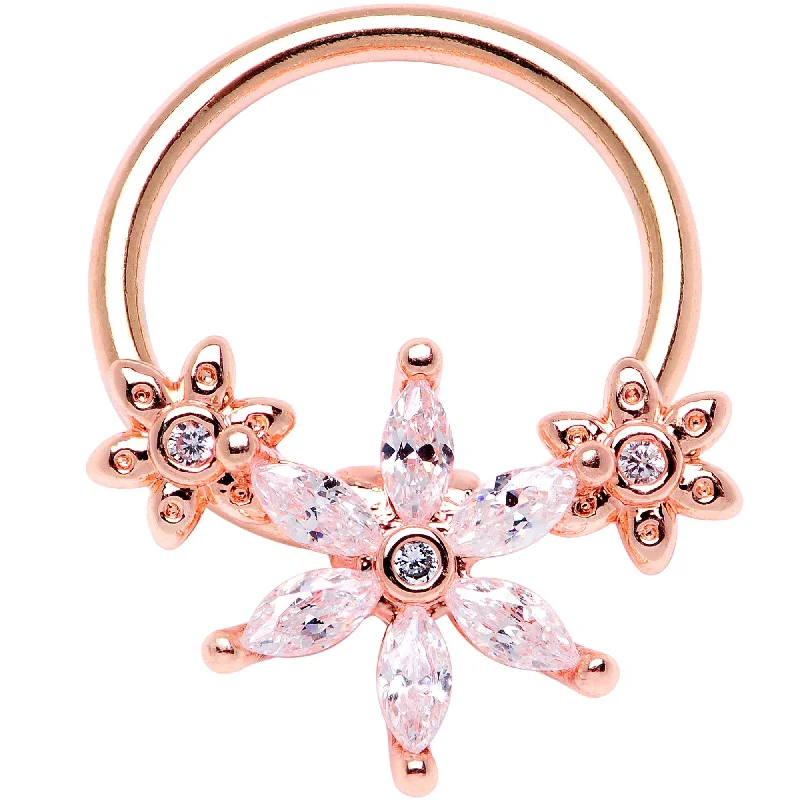 Designer Lip Rings for Fashionable Piercings16 Gauge 3/8 Clear CZ Gem Rose Gold Tone Flower BCR Captive Ring Designer Lip Rings for Fashionable Piercings16 Gauge 3/8 Clear CZ Gem Rose Gold Tone Flower BCR Captive Ring