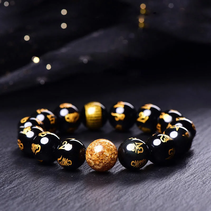 Classic Bracelets for Men-Buddha Stones Six True Words Om Mani Padme Hum Rainbow Obsidian Gold Foil Creativity Bracelet Classic Bracelets for Men-Buddha Stones Six True Words Om Mani Padme Hum Rainbow Obsidian Gold Foil Creativity Bracelet