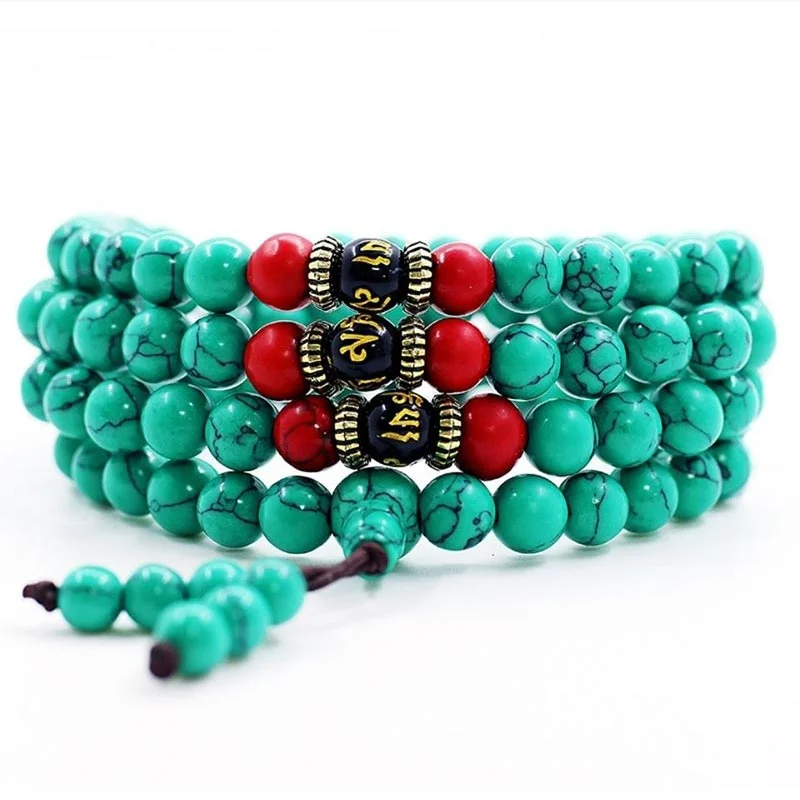 Stylish Bracelets for Men with Polished Finishes-Buddha Stones Tibetan Turquoise Purification Necklace Mala
