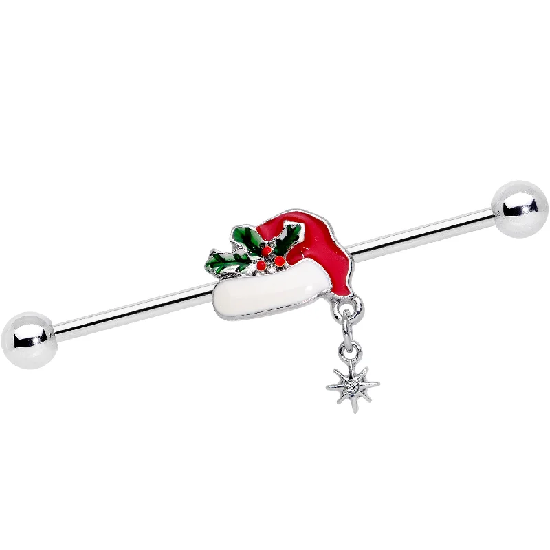 Women's Earrings – Elegant Designs for Every Personality--14 Gauge Clear Gem Jolly Santa Hat Christmas Industrial Barbell 38mm