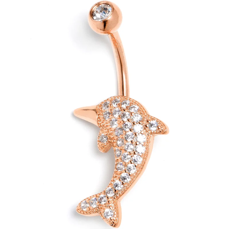 Belly Rings with Stone Accents for Gorgeous Look -Clear CZ Gem Rose Gold Tone Deluxe Dolphin Belly Ring Belly Rings with Stone Accents for Gorgeous Look -Clear CZ Gem Rose Gold Tone Deluxe Dolphin Belly Ring