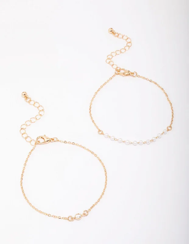 Wooden Bangles for Women-Gold Pearl Station Diamante Bracelet Pack