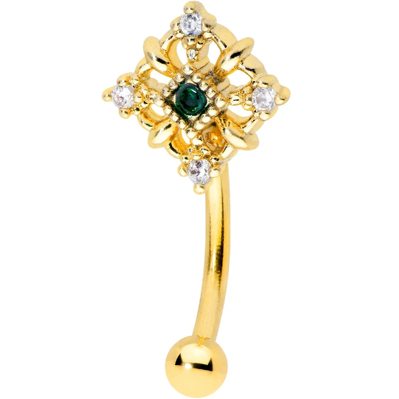 Women's Earrings – Elegant Designs for Every Personality--16 Gauge 5/16 Green Gem Gold Tone Noble Square Curved Eyebrow Ring