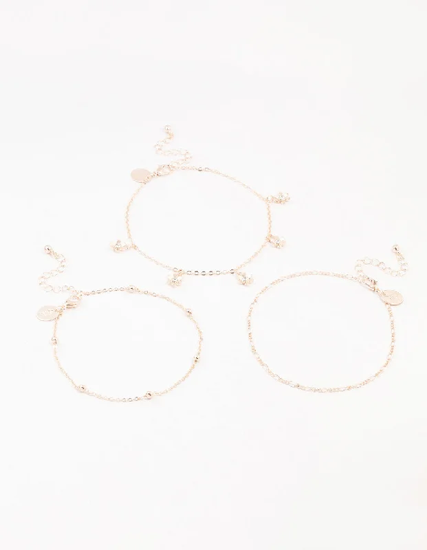 Comfortable Anklets for Stylish Fashionistas-Rose Gold Figaro Diamante Flower Anklets 3-Pack Comfortable Anklets for Stylish Fashionistas-Rose Gold Figaro Diamante Flower Anklets 3-Pack