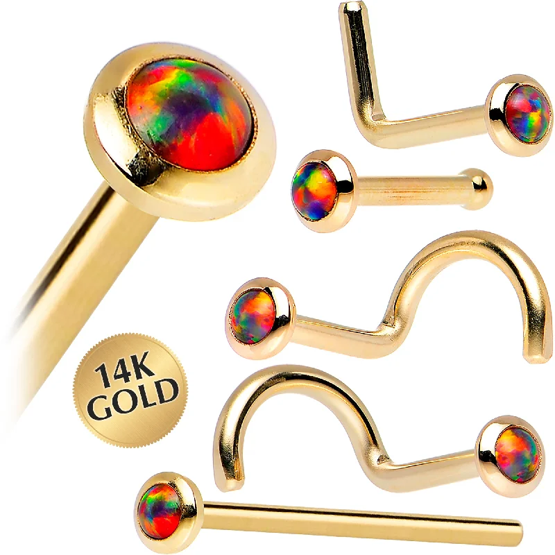 Modern Nose Rings for Women -14kt Yellow Gold 2mm Fire Red Synthetic Opal Nose Ring