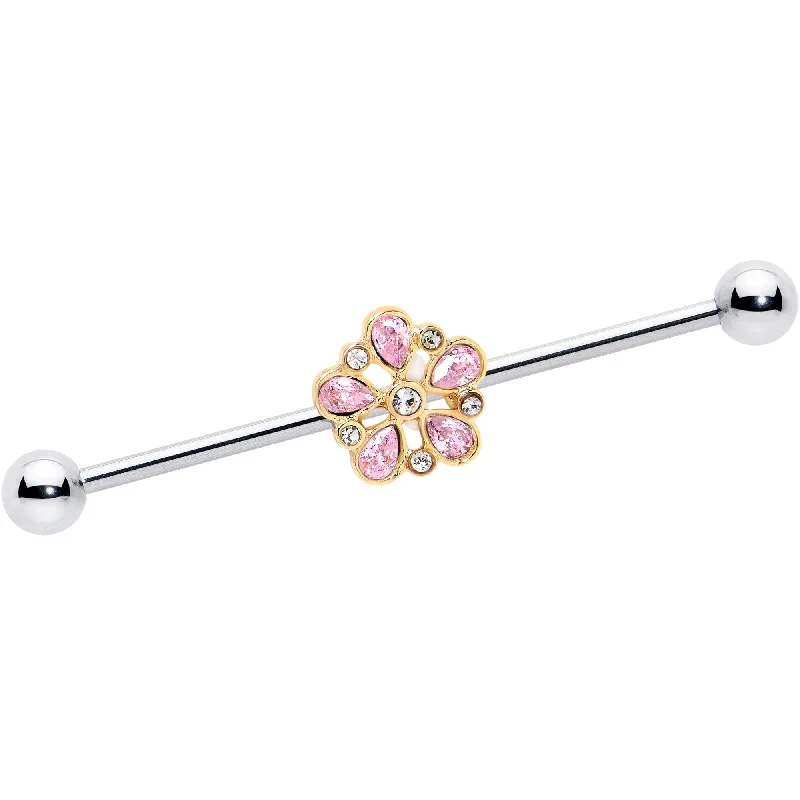 Women's Earrings – Elegant Designs for Every Personality--14 Gauge Pink Gem Filigree Flower Fantasy Industrial Barbell 38mm
