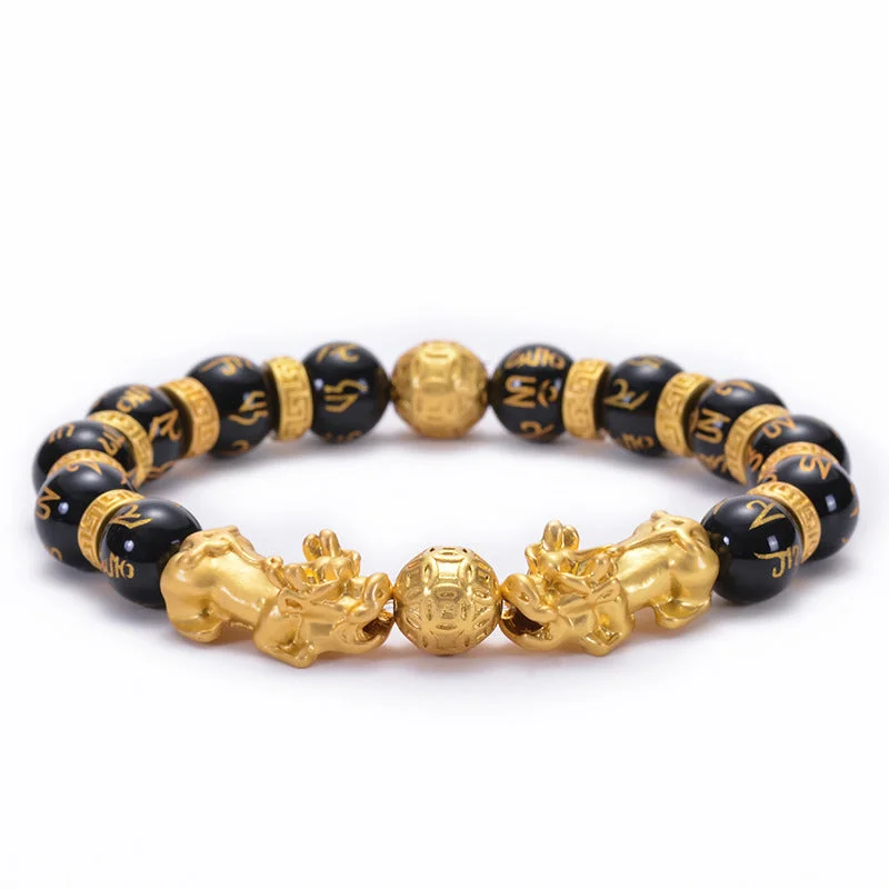 Stylish Men’s Metal Bracelets-Buddha Stones Double Pixiu Obsidian Wealth Bracelet