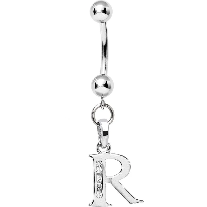 Stunning Belly Rings with Unique Accents -16 Gauge Solid 14kt White Gold CZ Initial R Belly Ring Stunning Belly Rings with Unique Accents -16 Gauge Solid 14kt White Gold CZ Initial R Belly Ring