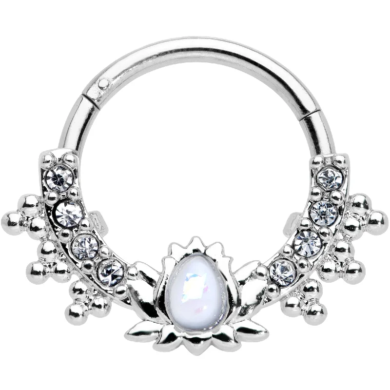 Nose Rings with Metal Detailing -16 Gauge 3/8 White Faux Opal Stylized Lotus Hinged Segment Ring Nose Rings with Metal Detailing -16 Gauge 3/8 White Faux Opal Stylized Lotus Hinged Segment Ring
