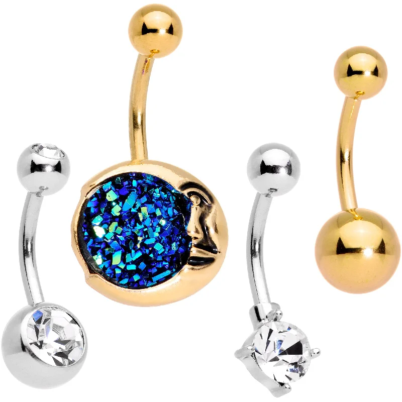 Simple Belly Rings for Clean and Elegant Look -Clear Gem Blue Faux Druzy Gold Tone Peaceful Moon Belly Ring Set Simple Belly Rings for Clean and Elegant Look -Clear Gem Blue Faux Druzy Gold Tone Peaceful Moon Belly Ring Set
