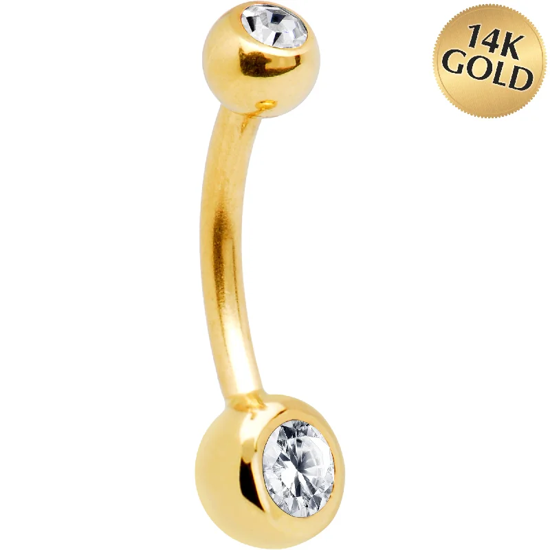 Belly Rings with Shiny Detailing for Stunning Look -16 Gauge Solid 14KT Yellow Gold Double Gem Cubic Zirconia Belly Ring Belly Rings with Shiny Detailing for Stunning Look -16 Gauge Solid 14KT Yellow Gold Double Gem Cubic Zirconia Belly Ring