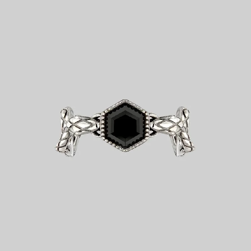Chic Women's Rings for Fashion-Forward Looks-RELINQUISH. Snakes & Onyx Ring - Silver Chic Women's Rings for Fashion-Forward Looks-RELINQUISH. Snakes & Onyx Ring - Silver