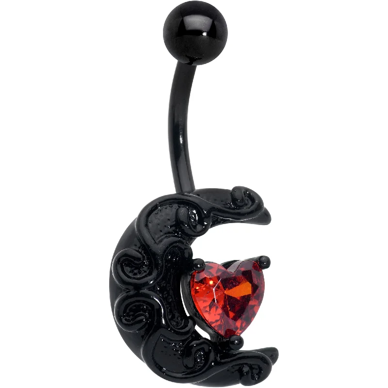 Belly Rings for Bold Fashion Choices -Red CZ Gem Black Scroll Moon Heart Belly Ring