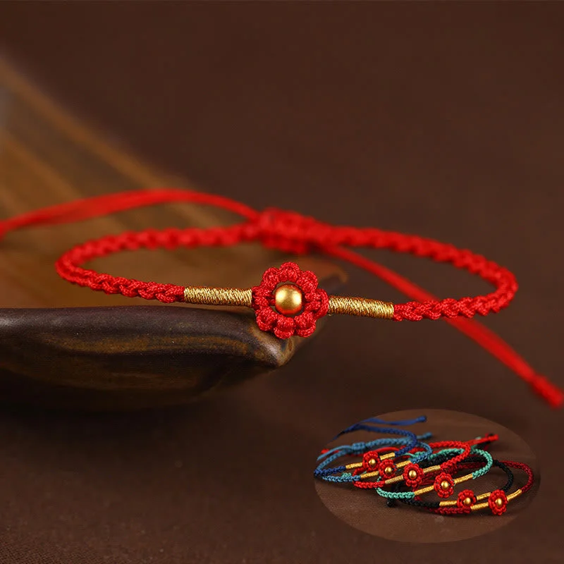 Men's Metal Chain Bracelets-Buddha Stones 999 Gold Mini Bead Handmade Flower Design Luck Protection Rope Bracelet