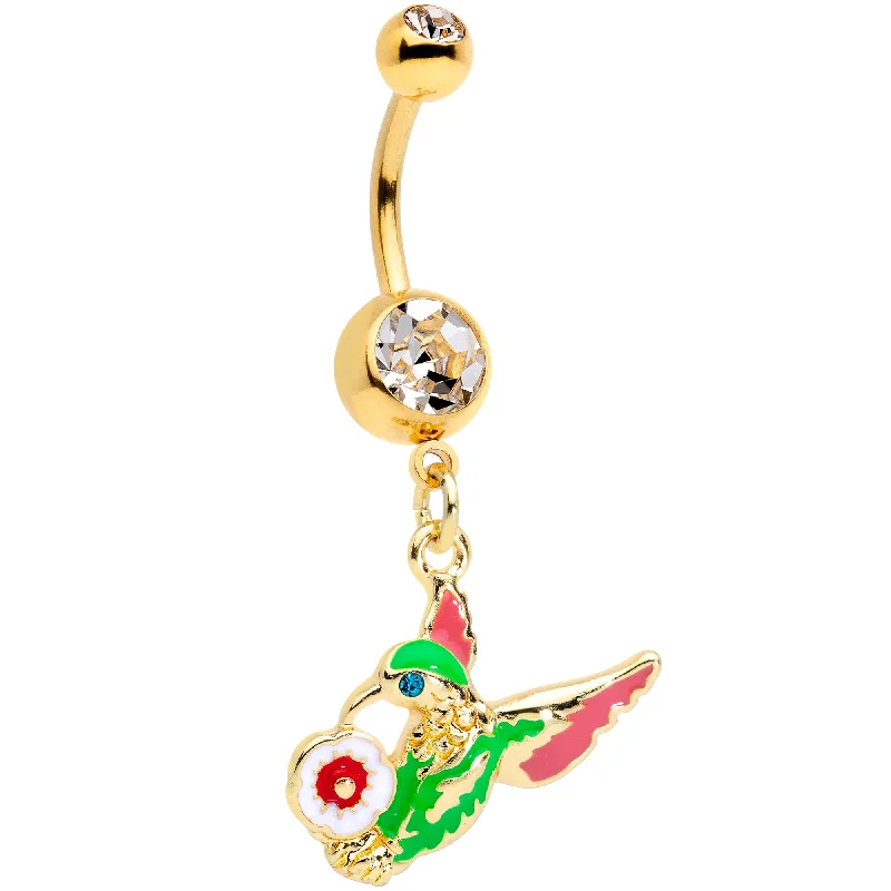 Trendy Belly Rings for Fashion-Forward Women -Clear Blue Gem Gold Tone Flower Hummingbird Dangle Belly Ring Trendy Belly Rings for Fashion-Forward Women -Clear Blue Gem Gold Tone Flower Hummingbird Dangle Belly Ring