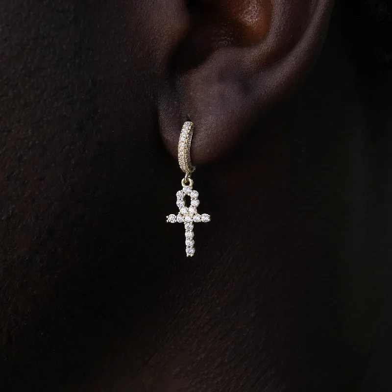 Shop Durable Men's Earrings for Everyday Wear-Iced Ankh Cross Huggie Hoop Earrings