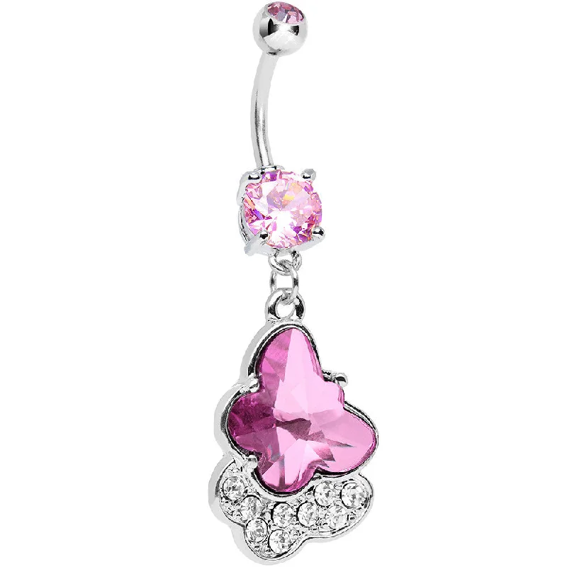 Fashionable Belly Rings for Exclusive Looks -Pink Cubic Zirconia Double Layered Butterfly Dangle Belly Ring Fashionable Belly Rings for Exclusive Looks -Pink Cubic Zirconia Double Layered Butterfly Dangle Belly Ring