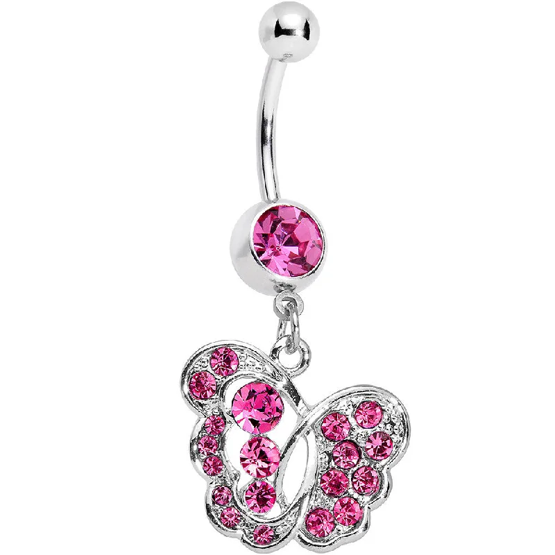 Belly Rings for Trendy Piercings -Pink Gem Fancy Butterfly Dangle Belly Ring